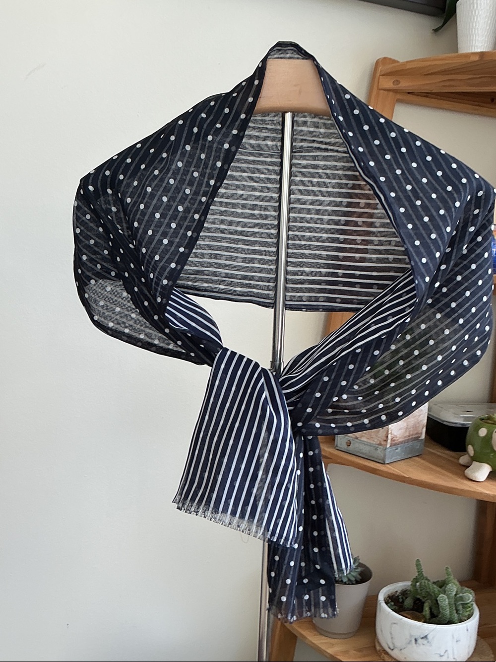 Navy Polka Dot & Stripe Lightweight Scarf